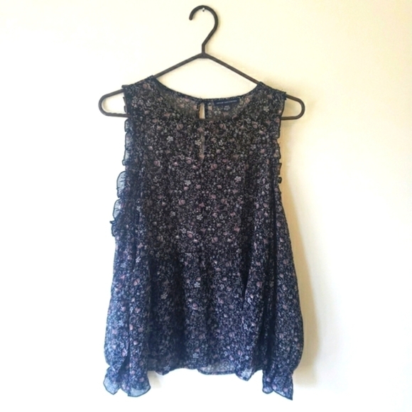 AMERICAN EAGLE BLACK FLORAL SHEER GAUZY COLD SHOULDER BOHO BLOUSE SIZE M… - Picture 10 of 12
